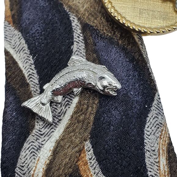 Fish Trout Cufflinks Tie Pin Gold Silver Tone Tac Fisherman 1970s Round Links - Picture 6 of 7